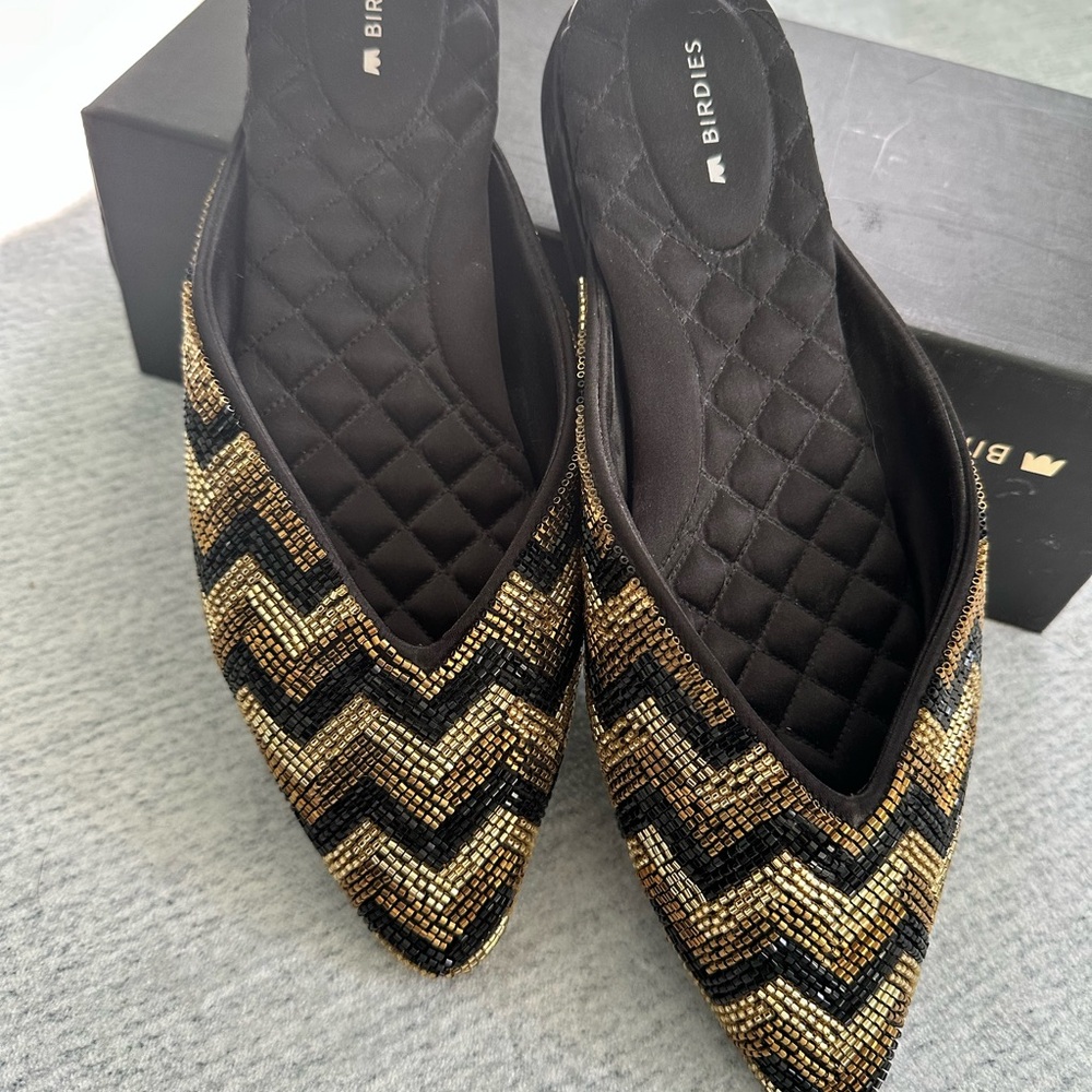 BNIB THE SWAN Slide Mule by Birdies in Black Gold Deco Beaded Chevron
